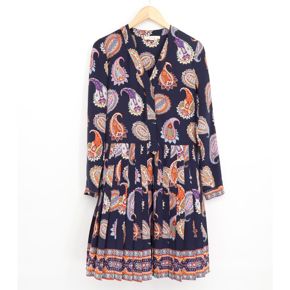 Tory Burch Women's Silk Long Sleeve Pleated Paisley Min Dress Navy Sz 4